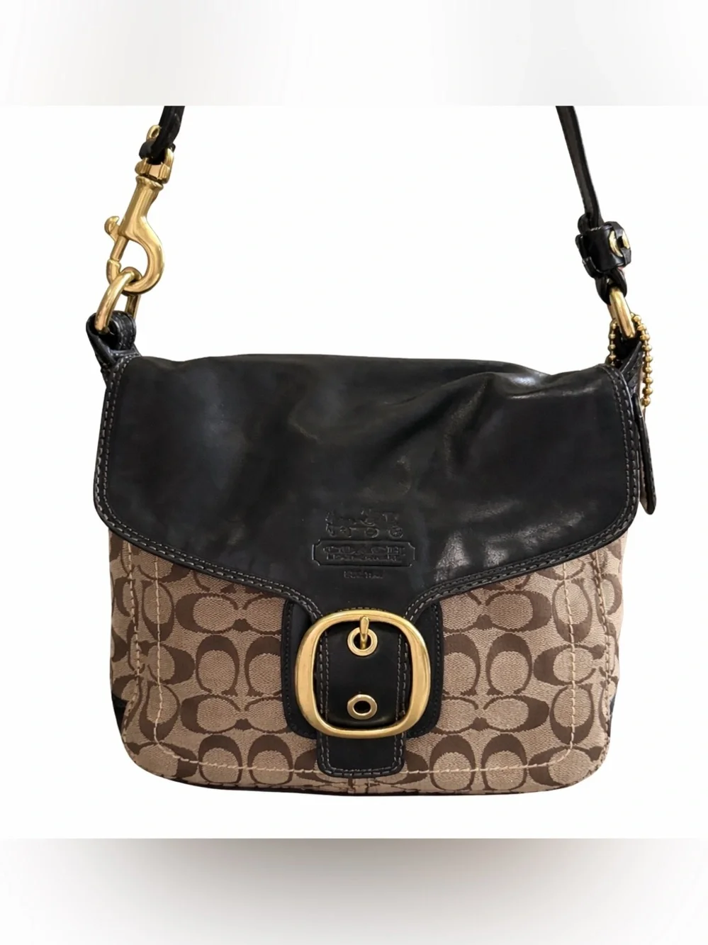 Coach Bleecker Signature Buckle Flap Shoulder Bag Brown Black Canvas‎